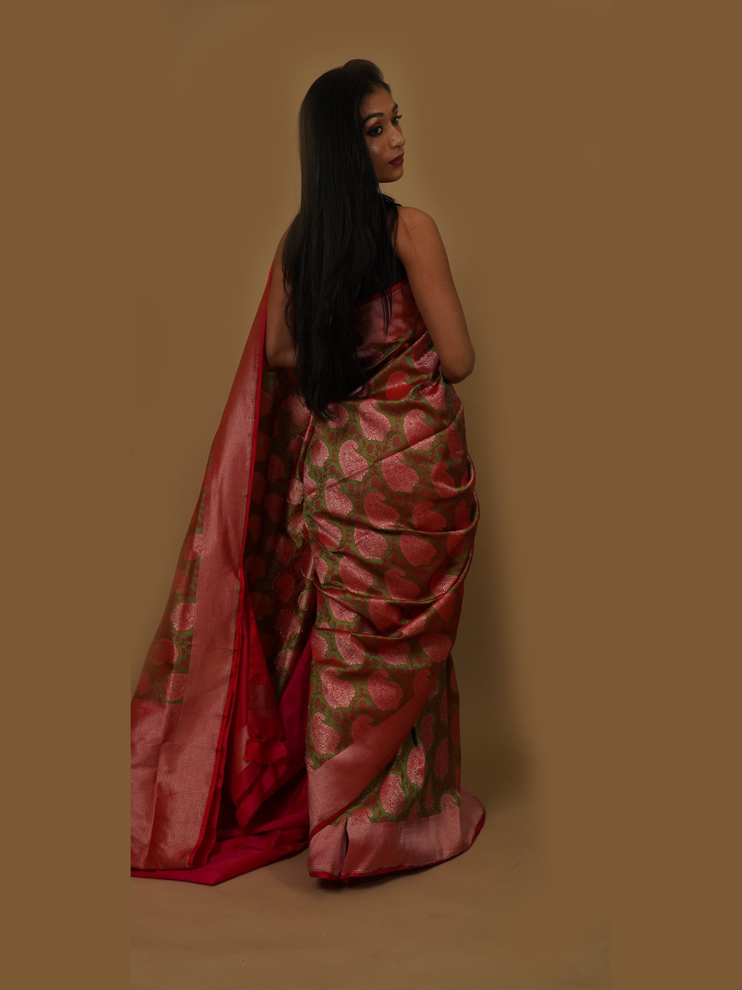 Green Tanchui with Pretty Pink Kadua Weaves on Katan Silk Saree