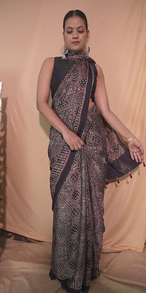 Model Silk Saree Hand Block Ajrakh Print Orgaining Dye