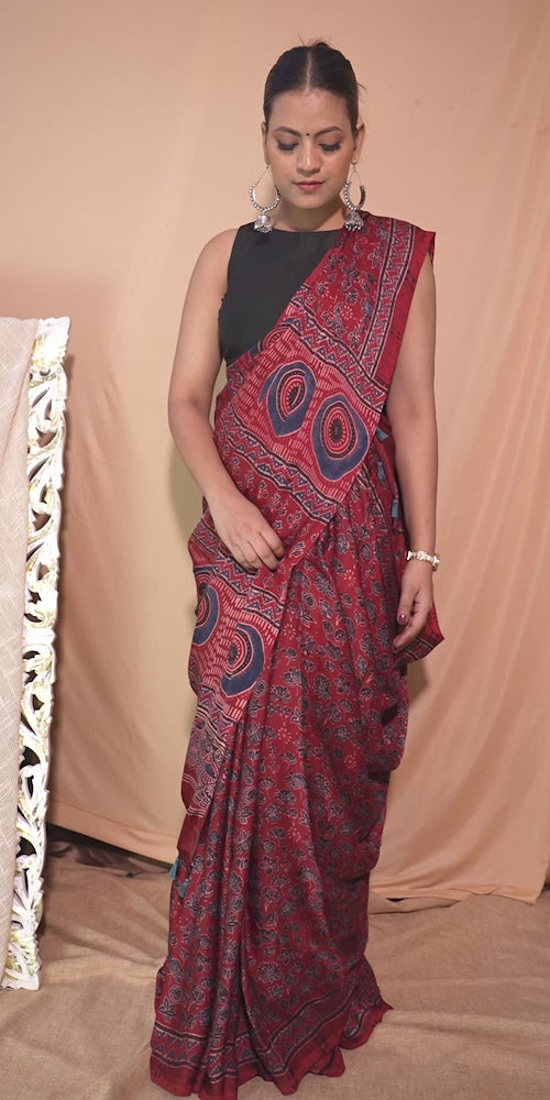 Model Silk Saree Hand Block Ajrakh Print Orgaining Dye