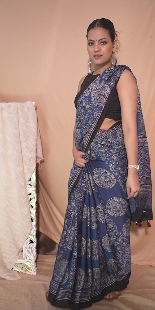 Model Silk Saree Hand Block Ajrakh Print Orgaining Dye